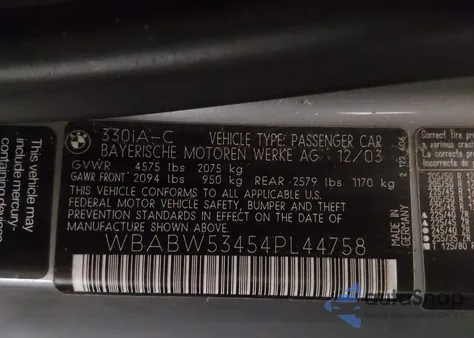 2004 BMW 330Ci из США, поврежденный, VIN WBABW53454PL44758